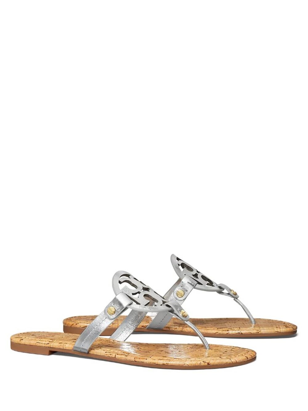 Tory Burch $228 Miller Sandals Patent Leather Silver Gold Rivets Cork 10 - Picture 10 of 10